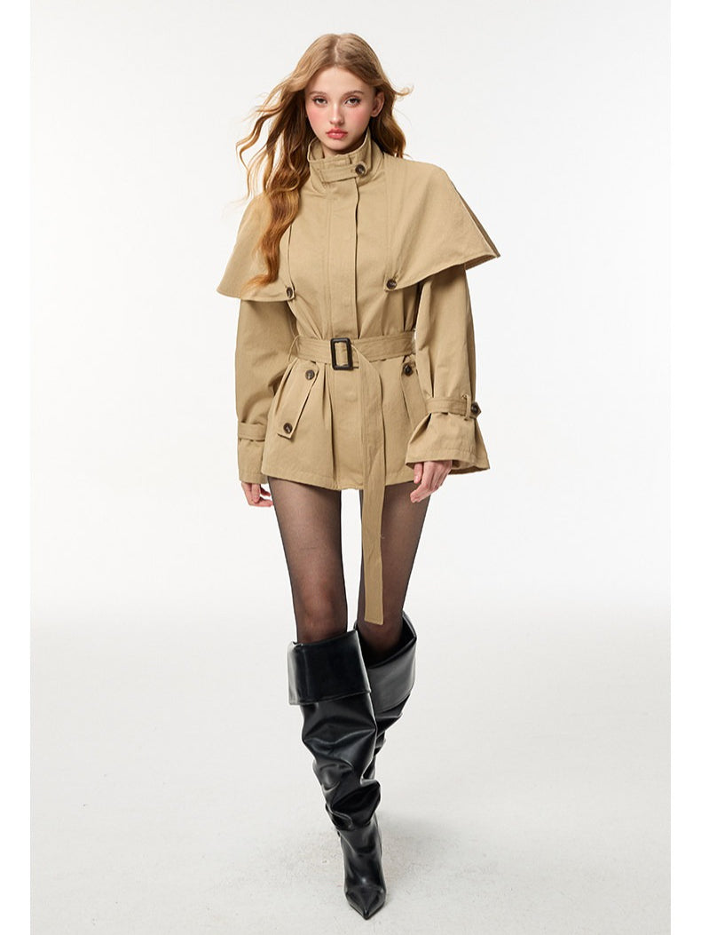 HiimDai - Convertible Cape Trench Coat with Detachable Layer (Khaki / Black)