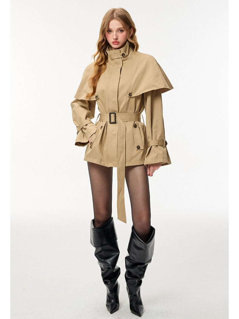 HiimDai - Convertible Cape Trench Coat with Detachable Layer (Khaki / Black)