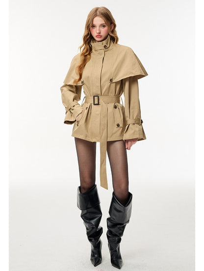 HiimDai - Convertible Cape Trench Coat with Detachable Layer (Khaki / Black)