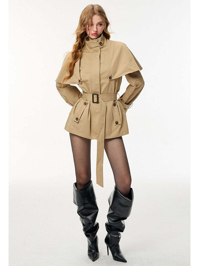 HiimDai - Convertible Cape Trench Coat with Detachable Layer (Khaki / Black)