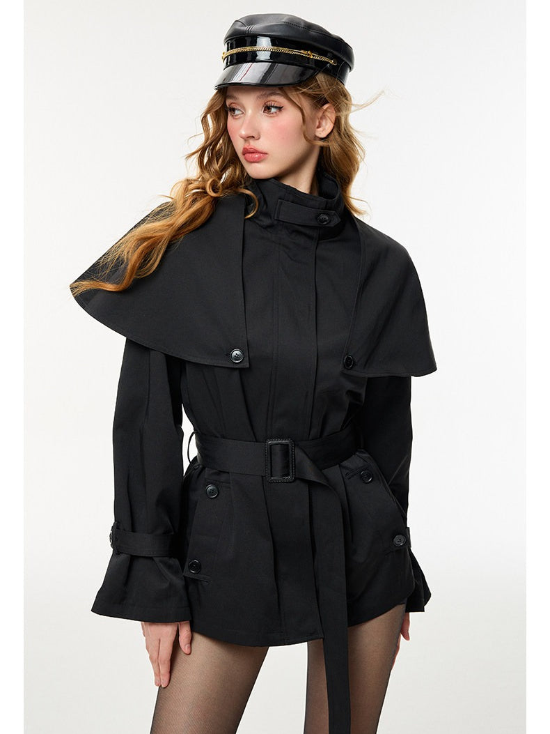 HiimDai - Convertible Cape Trench Coat with Detachable Layer (Khaki / Black)