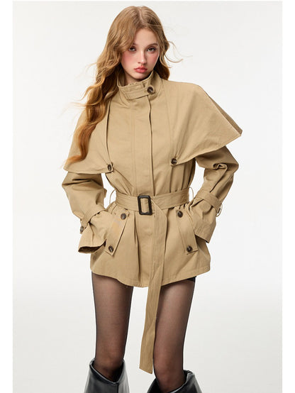 HiimDai - Convertible Cape Trench Coat with Detachable Layer (Khaki / Black)