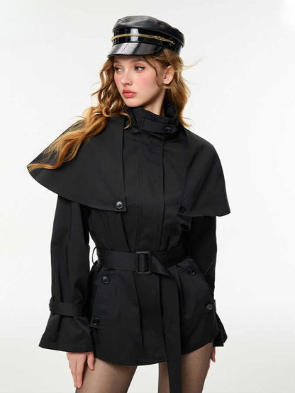 HiimDai - Convertible Cape Trench Coat with Detachable Layer (Khaki / Black)