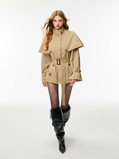 HiimDai - Convertible Cape Trench Coat with Detachable Layer (Khaki / Black)