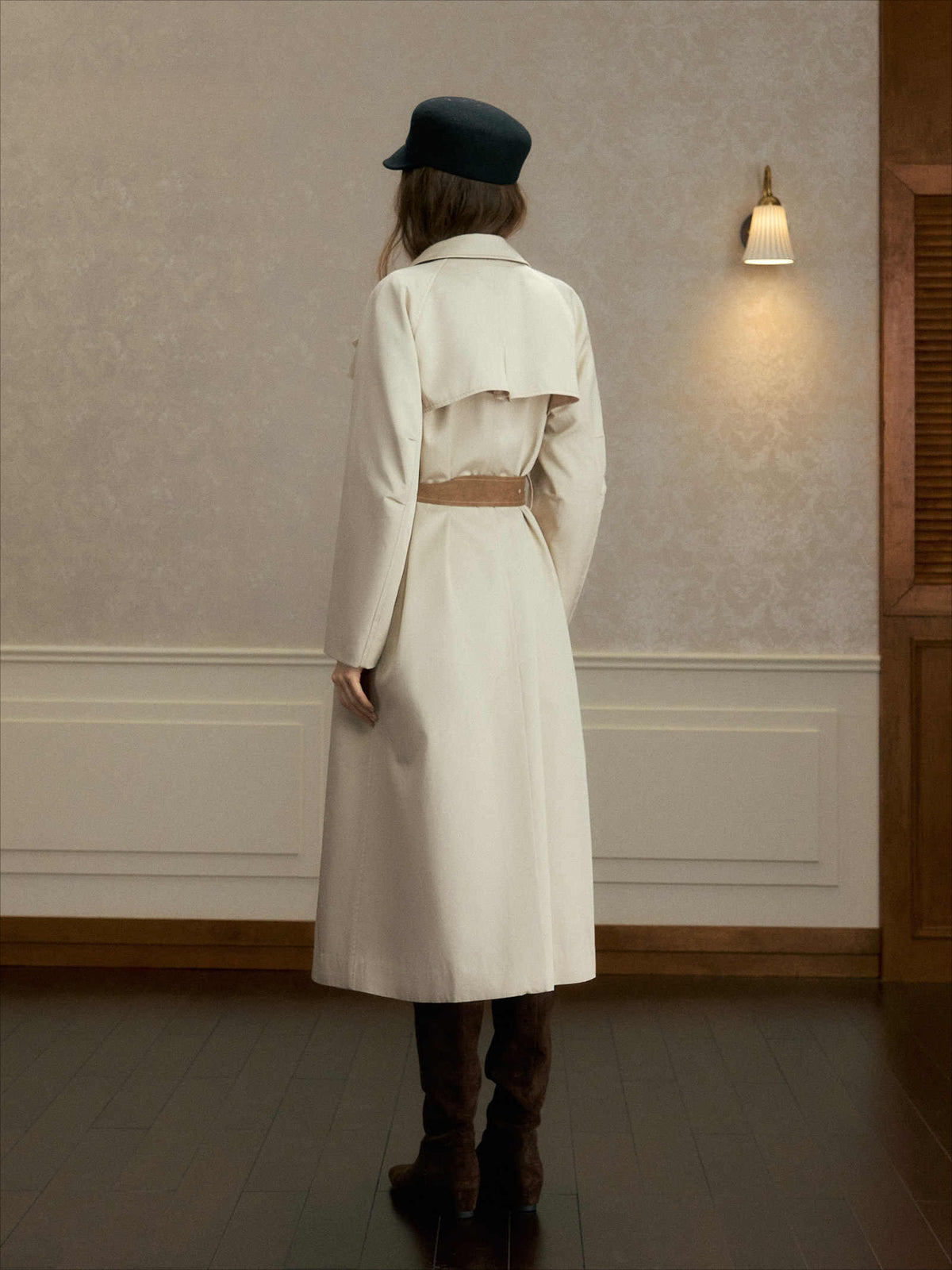oshea - Moonlight Gray Double-Breasted Belted Long Trench Coat