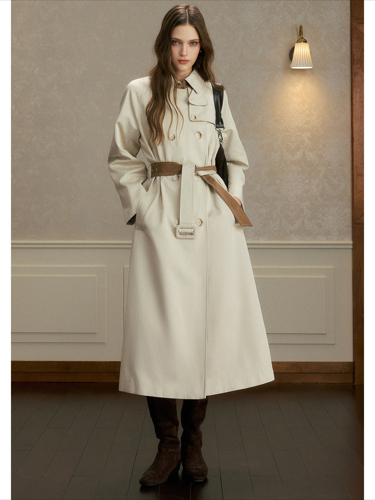 oshea - Moonlight Gray Double-Breasted Belted Long Trench Coat