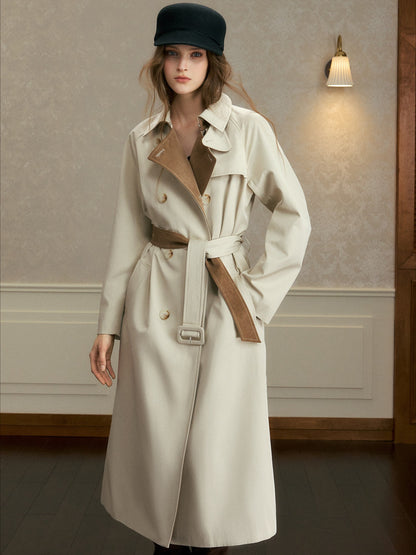 oshea - Moonlight Gray Double-Breasted Belted Long Trench Coat