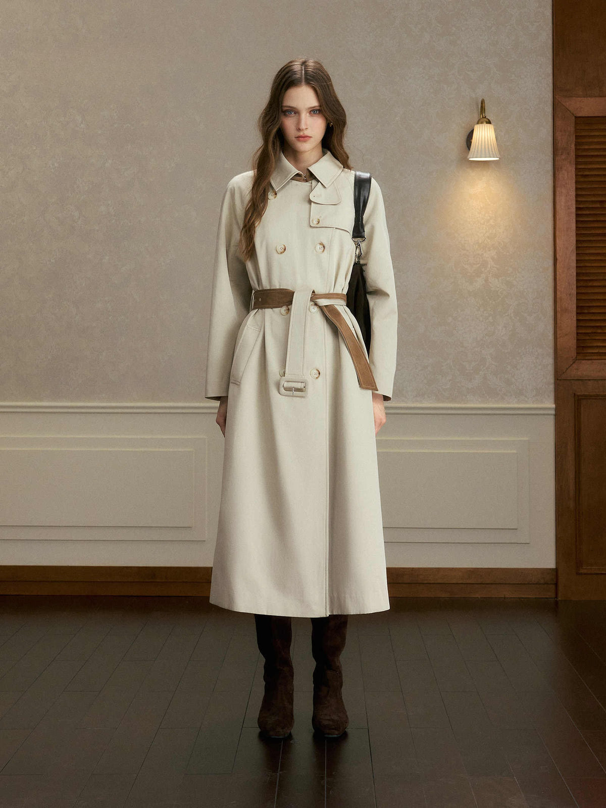 oshea - Moonlight Gray Double-Breasted Belted Long Trench Coat