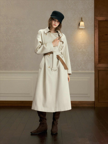 oshea - Moonlight Gray Double-Breasted Belted Long Trench Coat
