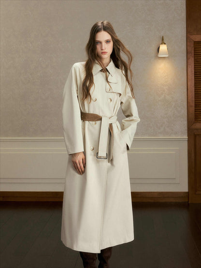 oshea - Moonlight Gray Double-Breasted Belted Long Trench Coat