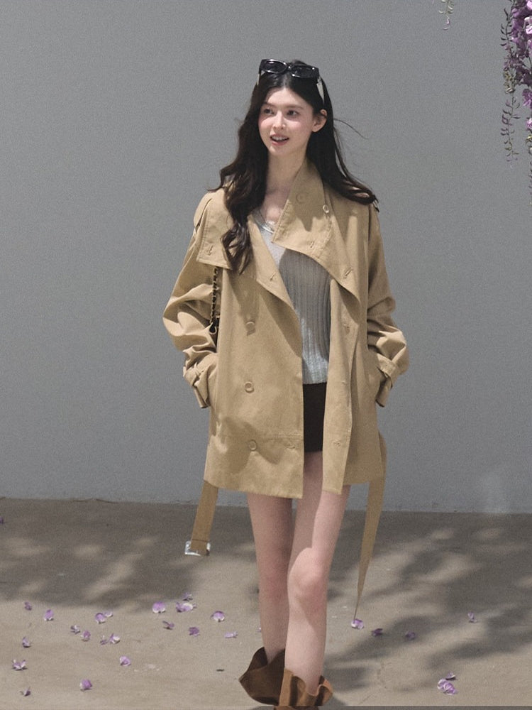 OAKMOO/ Belted Double-Breasted Trench Jacket (Deep Black / Hazel Khaki)