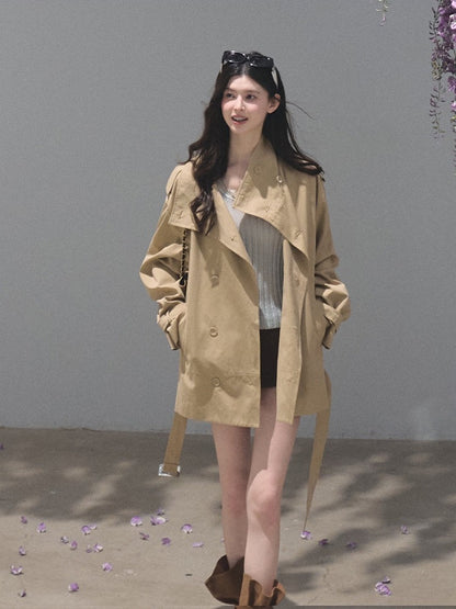 OAKMOO/ Belted Double-Breasted Trench Jacket (Deep Black / Hazel Khaki)