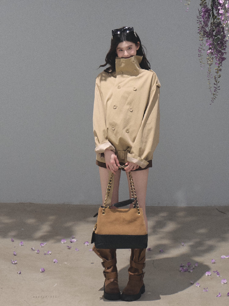 OAKMOO/ Belted Double-Breasted Trench Jacket (Deep Black / Hazel Khaki)