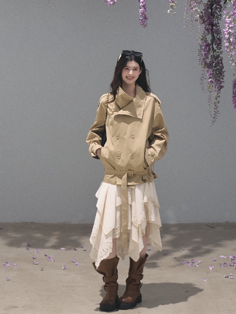 OAKMOO/ Belted Double-Breasted Trench Jacket (Deep Black / Hazel Khaki)