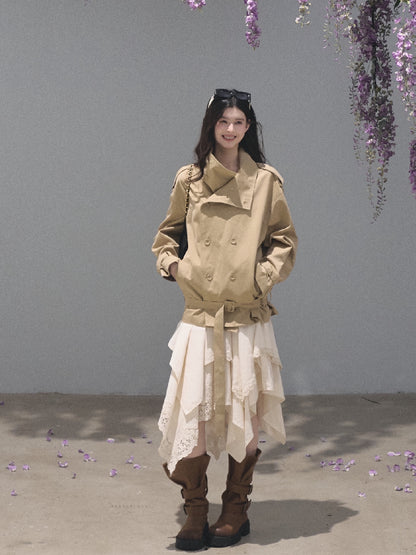 OAKMOO/ Belted Double-Breasted Trench Jacket (Deep Black / Hazel Khaki)