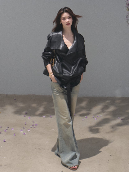 OAKMOO/ Belted Double-Breasted Trench Jacket (Deep Black / Hazel Khaki)