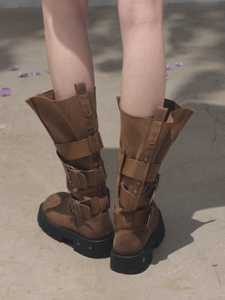 OAKMOO/ Distressed Slouchy Mid-Calf Combat Boots with Layered Straps