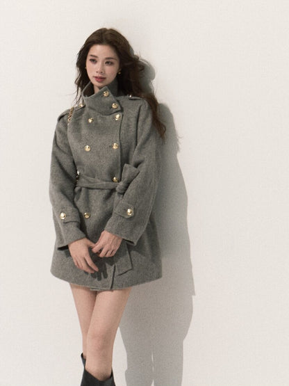 OAKMOO/ Pure Wool Belted Double-Faced Stand Collar Coat (Silver Blue / Flint Gray)
