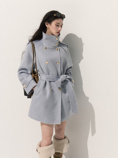 OAKMOO/ Pure Wool Belted Double-Faced Stand Collar Coat (Silver Blue / Flint Gray)