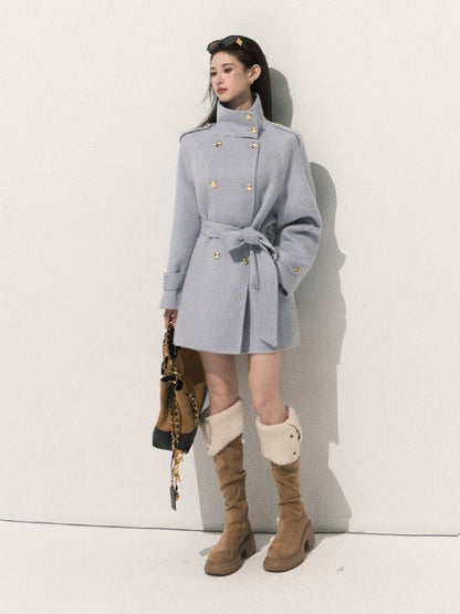 OAKMOO/ Pure Wool Belted Double-Faced Stand Collar Coat (Silver Blue / Flint Gray)