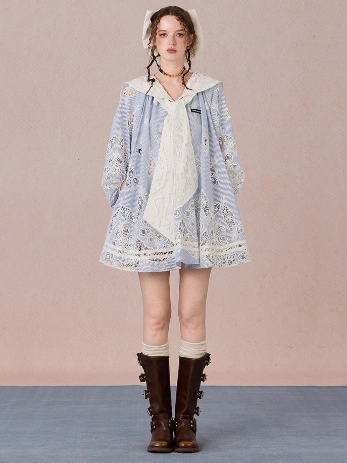 WEANCHEAM Navy Collar Dress | Ribbon Tie A-Line Style (Blue / White)