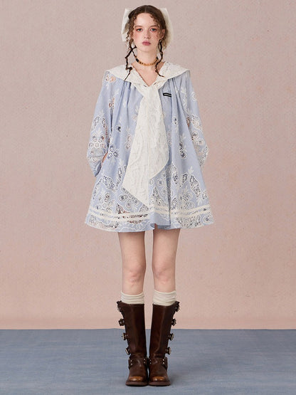 WEANCHEAM Navy Collar Dress | Ribbon Tie A-Line Style (Blue / White)