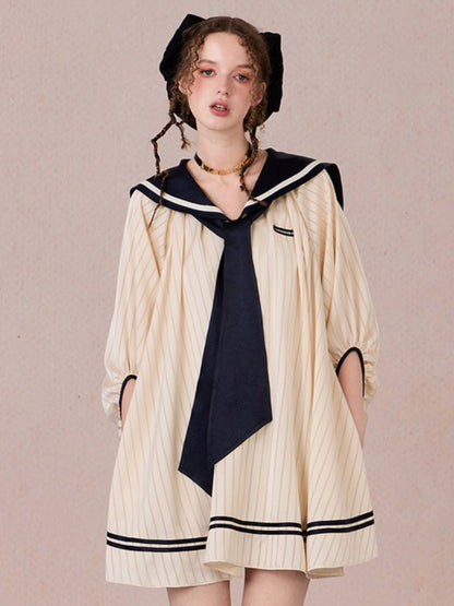 WEANCHEAM Navy Collar Dress | Ribbon Tie A-Line Style (Blue / White)
