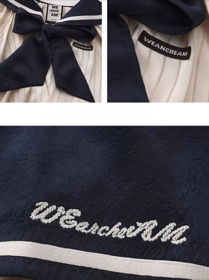 WEANCHEAM Navy Collar Dress | Ribbon Tie A-Line Style (Blue / White)
