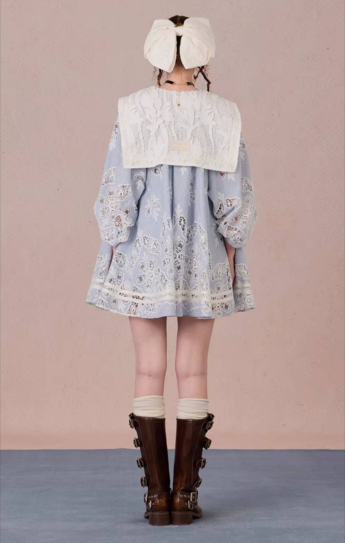 WEANCHEAM Navy Collar Dress | Ribbon Tie A-Line Style (Blue / White)