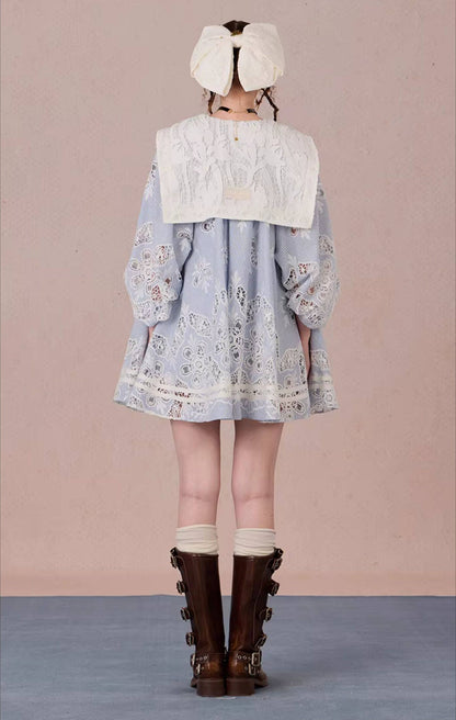 WEANCHEAM Navy Collar Dress | Ribbon Tie A-Line Style (Blue / White)