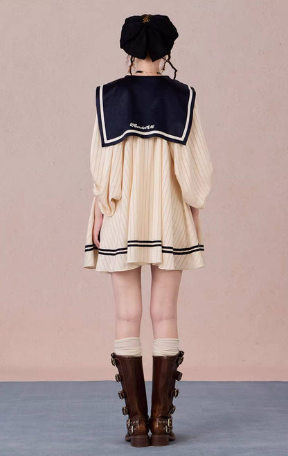 WEANCHEAM Navy Collar Dress | Ribbon Tie A-Line Style (Blue / White)
