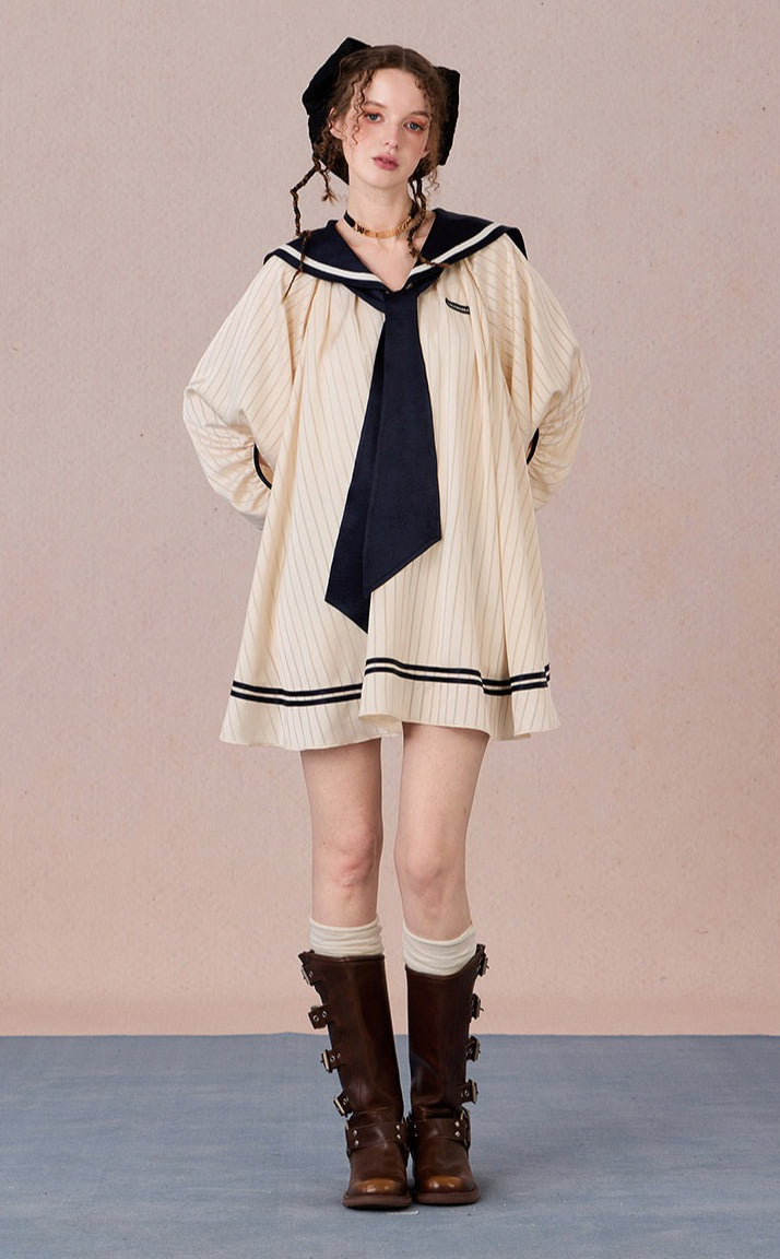 WEANCHEAM Navy Collar Dress | Ribbon Tie A-Line Style (Blue / White)