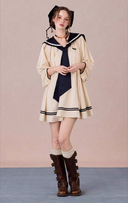 WEANCHEAM Navy Collar Dress | Ribbon Tie A-Line Style (Blue / White)