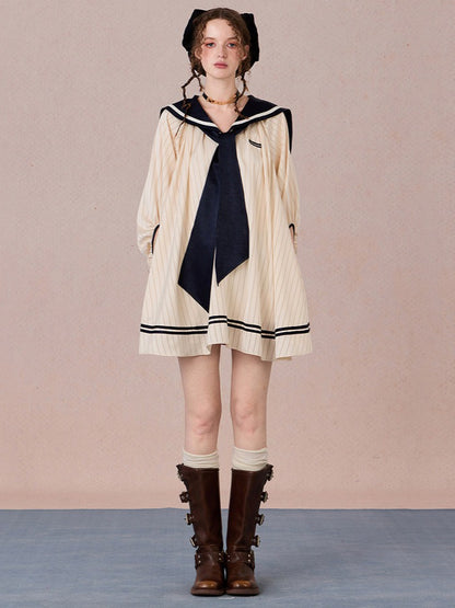 WEANCHEAM Navy Collar Dress | Ribbon Tie A-Line Style (Blue / White)