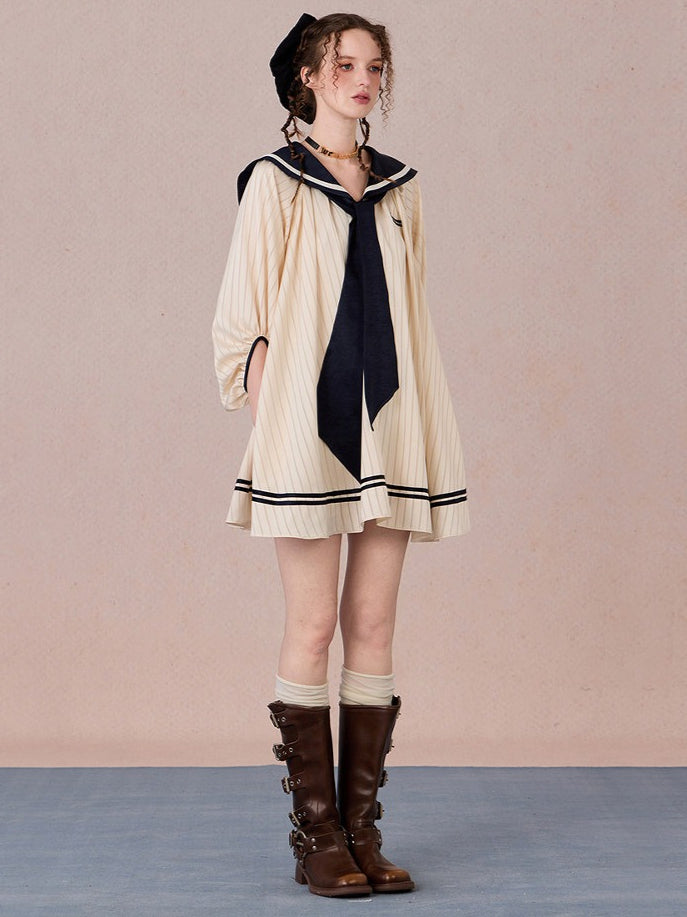 WEANCHEAM Navy Collar Dress | Ribbon Tie A-Line Style (Blue / White)