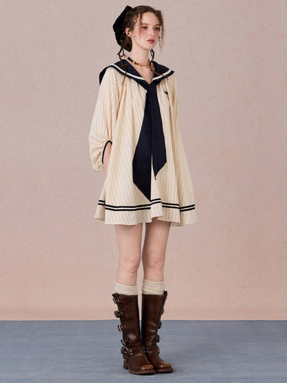 WEANCHEAM Navy Collar Dress | Ribbon Tie A-Line Style (Blue / White)