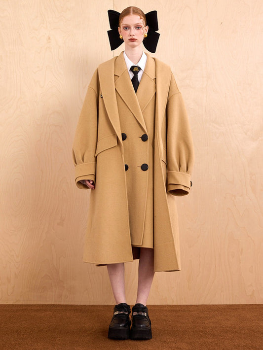WEANCHEAM Wool Long Coat for Women | Oversized Layered Lapel (Camel / Charcoal Gray)