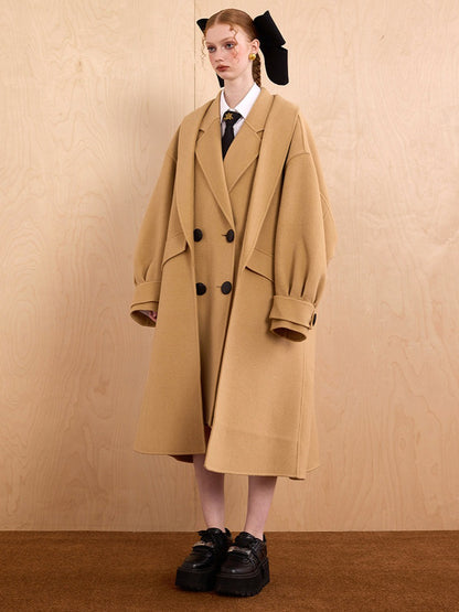 WEANCHEAM Wool Long Coat for Women | Oversized Layered Lapel (Camel / Charcoal Gray)