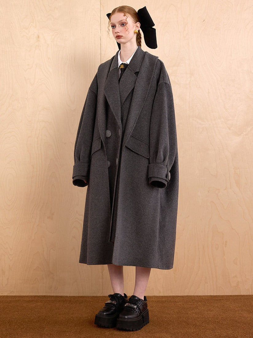 WEANCHEAM Wool Long Coat for Women | Oversized Layered Lapel (Camel / Charcoal Gray)