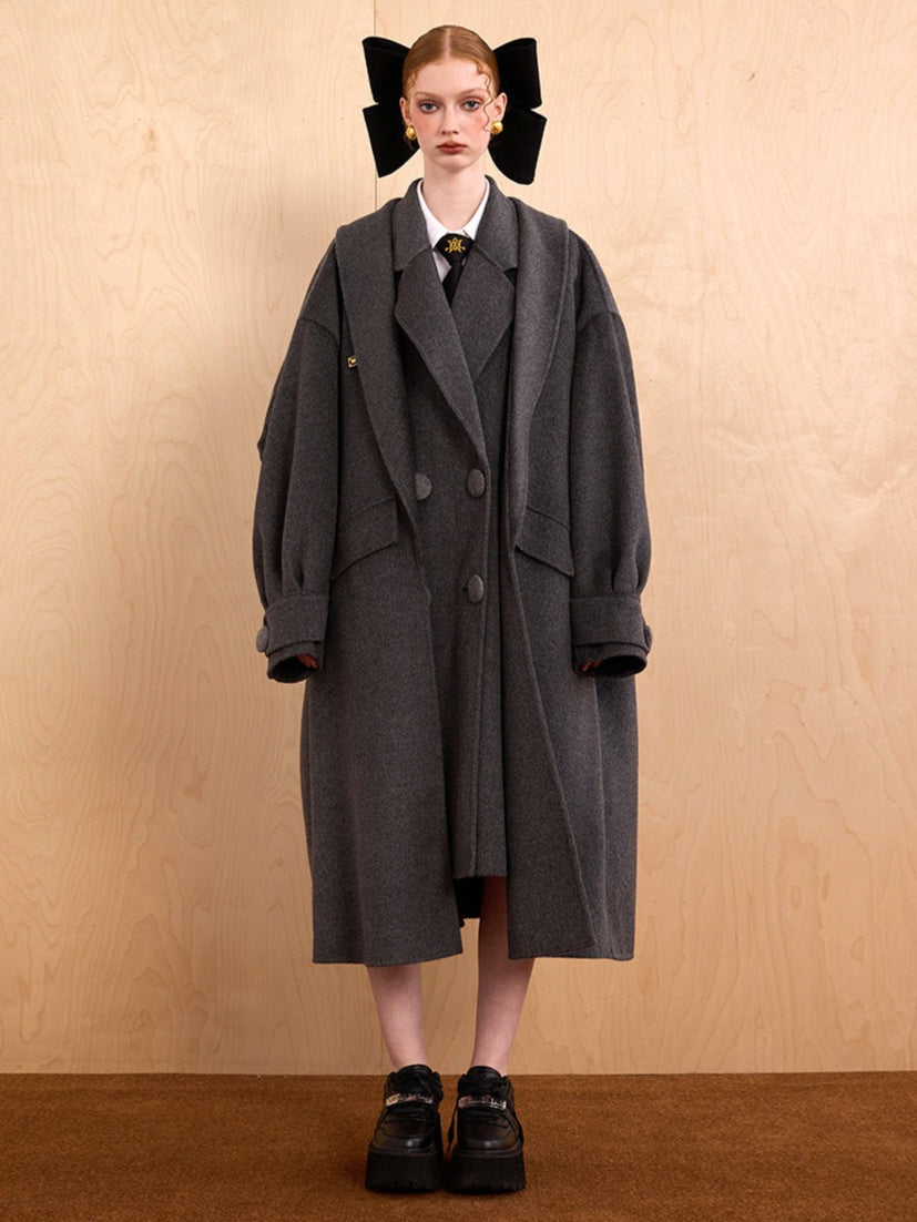 WEANCHEAM Wool Long Coat for Women | Oversized Layered Lapel (Camel / Charcoal Gray)