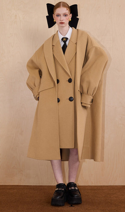 WEANCHEAM Wool Long Coat for Women | Oversized Layered Lapel (Camel / Charcoal Gray)