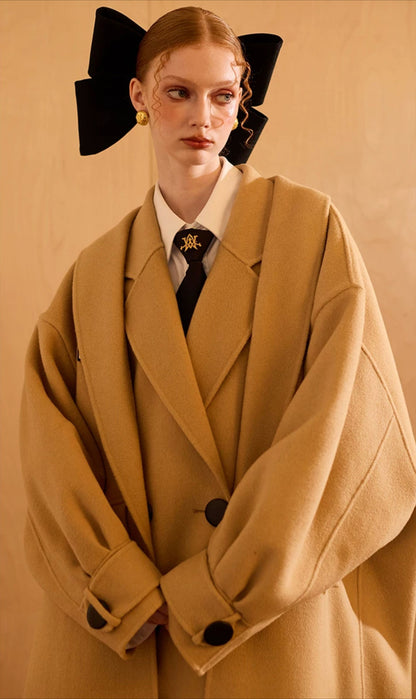 WEANCHEAM Wool Long Coat for Women | Oversized Layered Lapel (Camel / Charcoal Gray)
