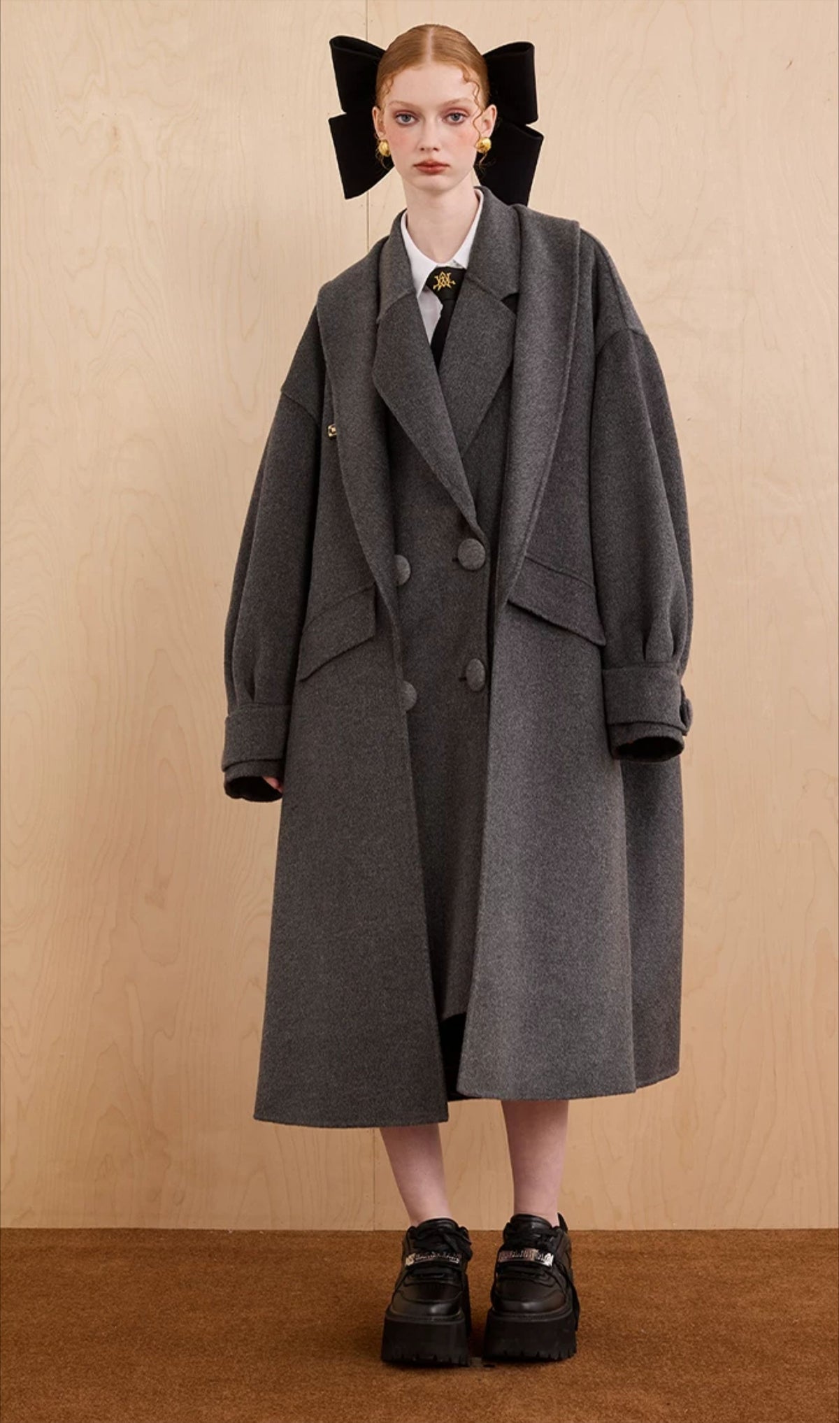 WEANCHEAM Wool Long Coat for Women | Oversized Layered Lapel (Camel / Charcoal Gray)