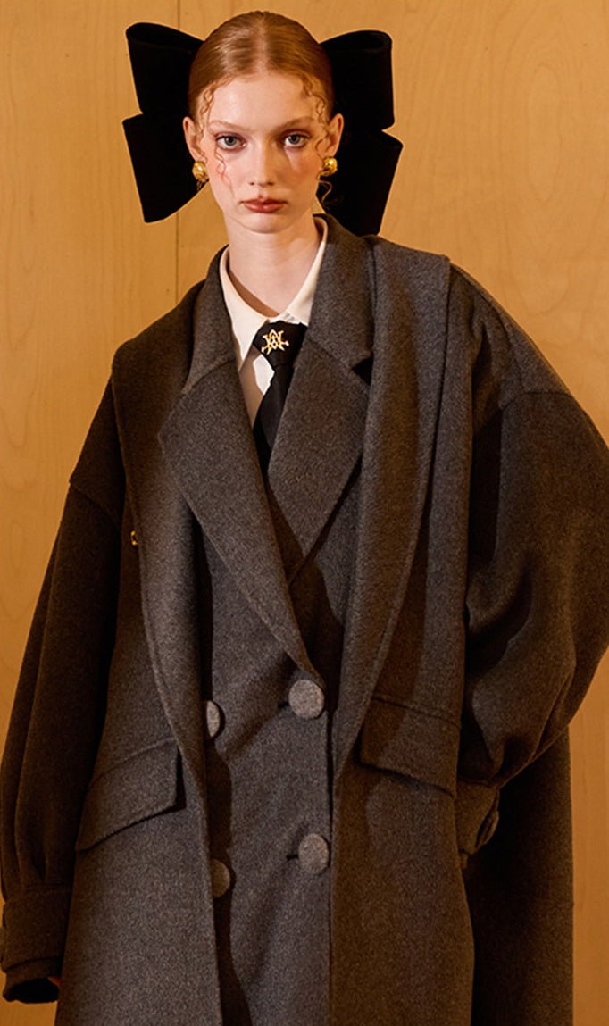 WEANCHEAM Wool Long Coat for Women | Oversized Layered Lapel (Camel / Charcoal Gray)