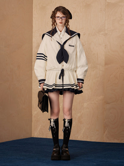 WEANCHEAM Navy Collar Pleated Drawstring Puffer Jacket