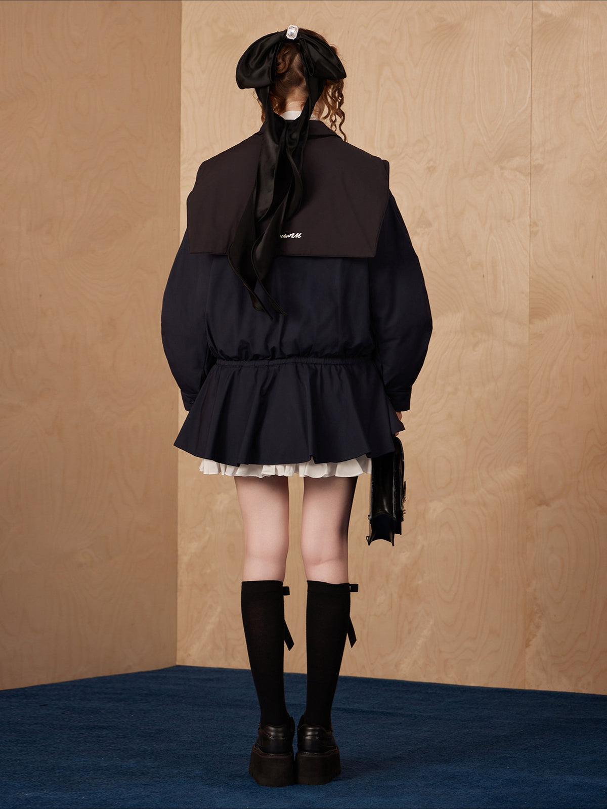 WEANCHEAM Navy Collar Pleated Drawstring Puffer Jacket