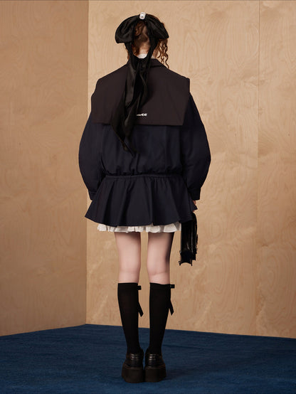 WEANCHEAM Navy Collar Pleated Drawstring Puffer Jacket