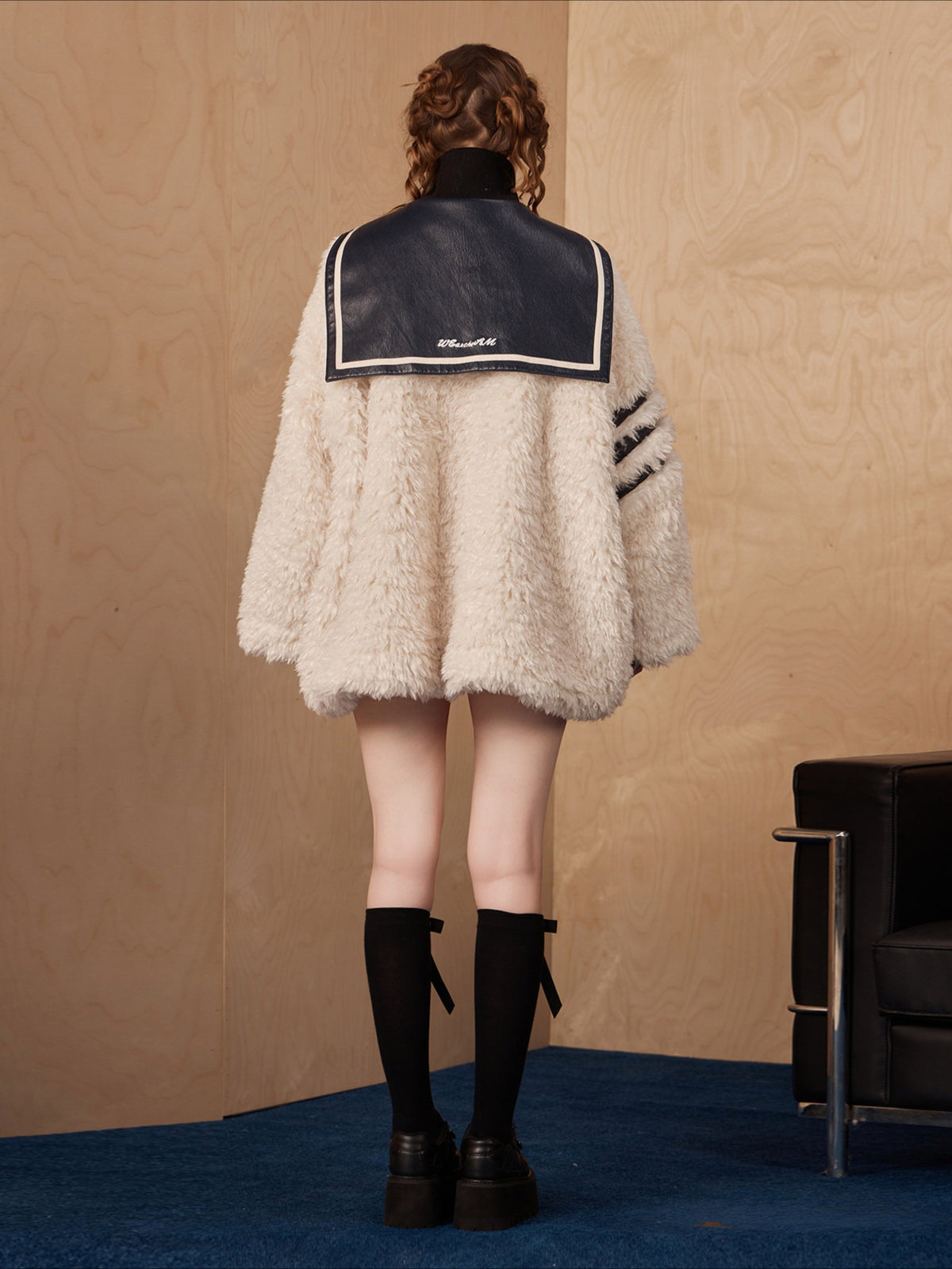 WEANCHEAM Sailor Collar Jacket | Plush Contrast Stripe Style (Black / White)