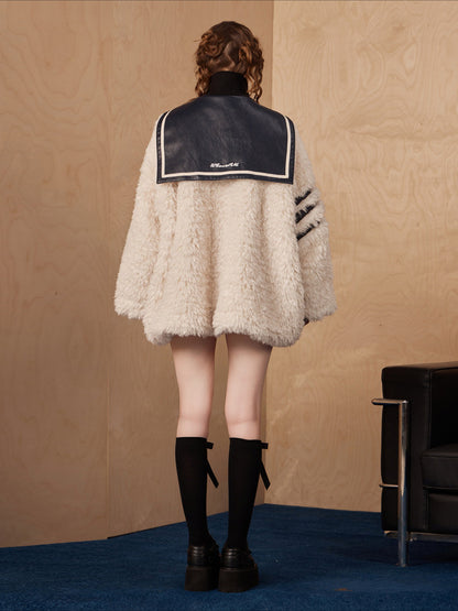 WEANCHEAM Sailor Collar Jacket | Plush Contrast Stripe Style (Black / White)