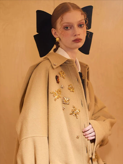 WEANCHEAM Wool Cape Coat | Cat-Ear Hood & Bow Details (Solid Camel/ Black Check)